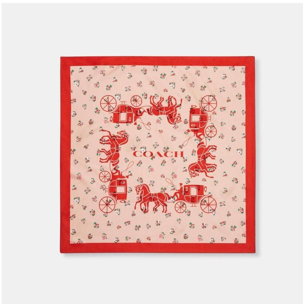 Coach Horse And Carriage Tea Rose Print Silk Bandana